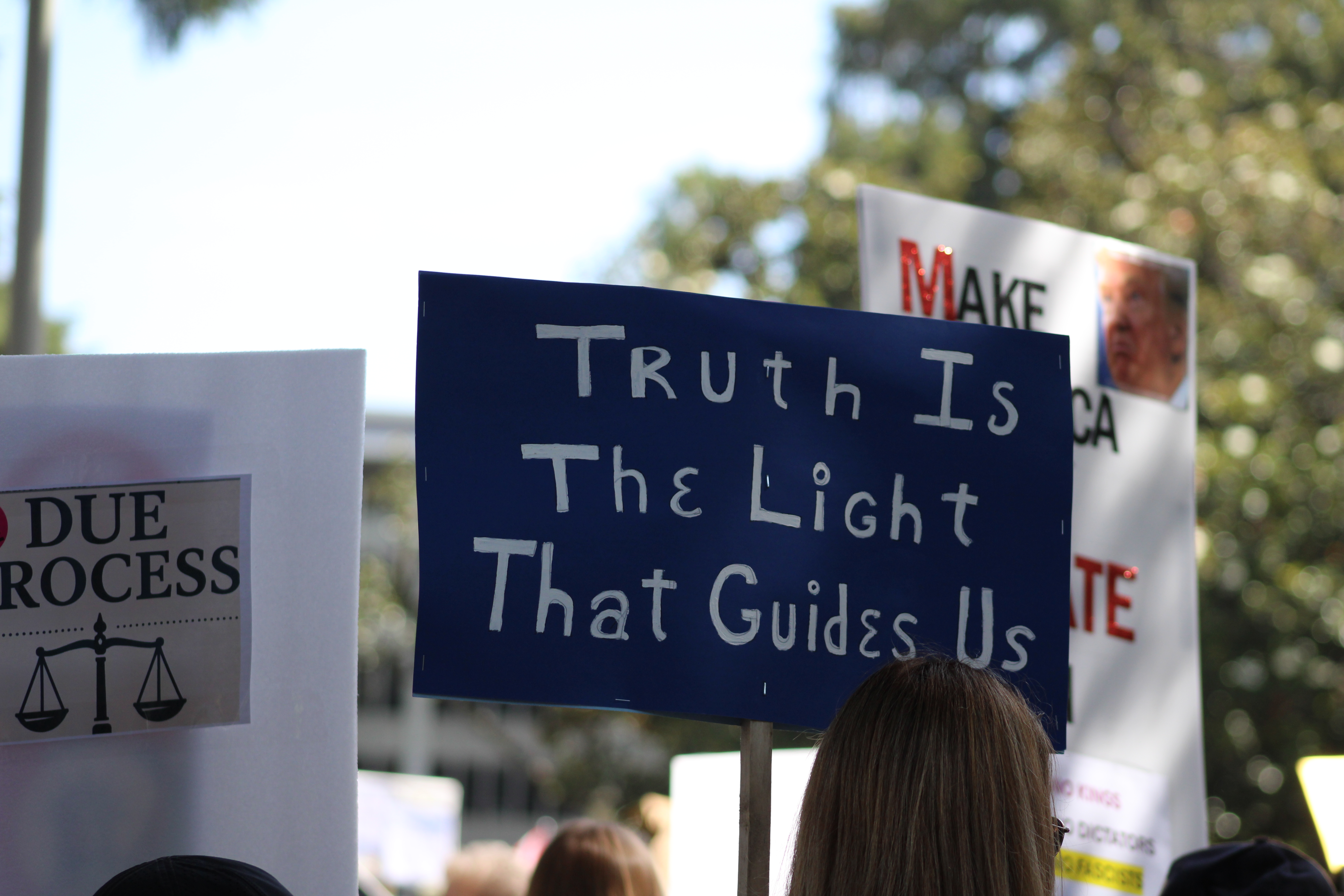 Protestor holds a sign that reads "Truth is the light that guides us" 